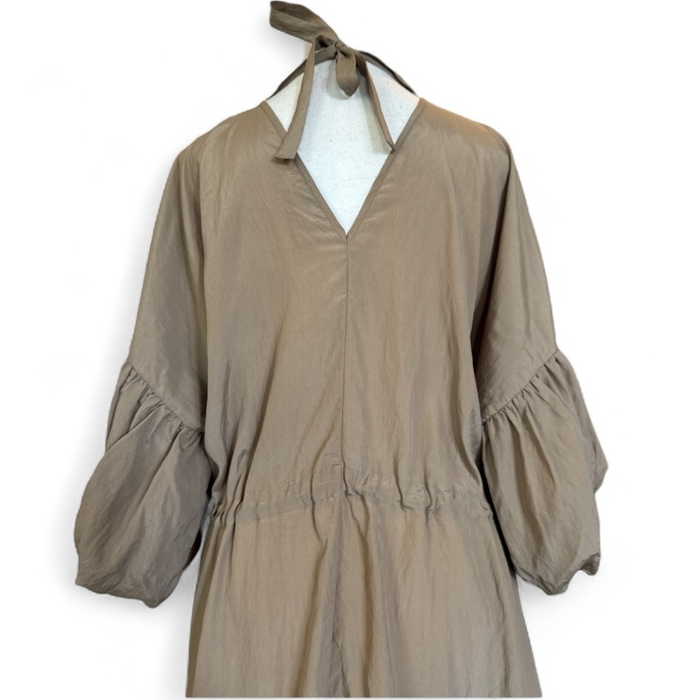 Deveaux New York Riley Beige Midi Dress Puff Sleeve Ruched Drawstring Waist L - Picture 3 of 9